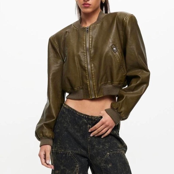 Lioness Jackets & Blazers - REVOLVE Coated Bomber Jacket Brown Ash Cropped Oversized LIONESS Faux Leather